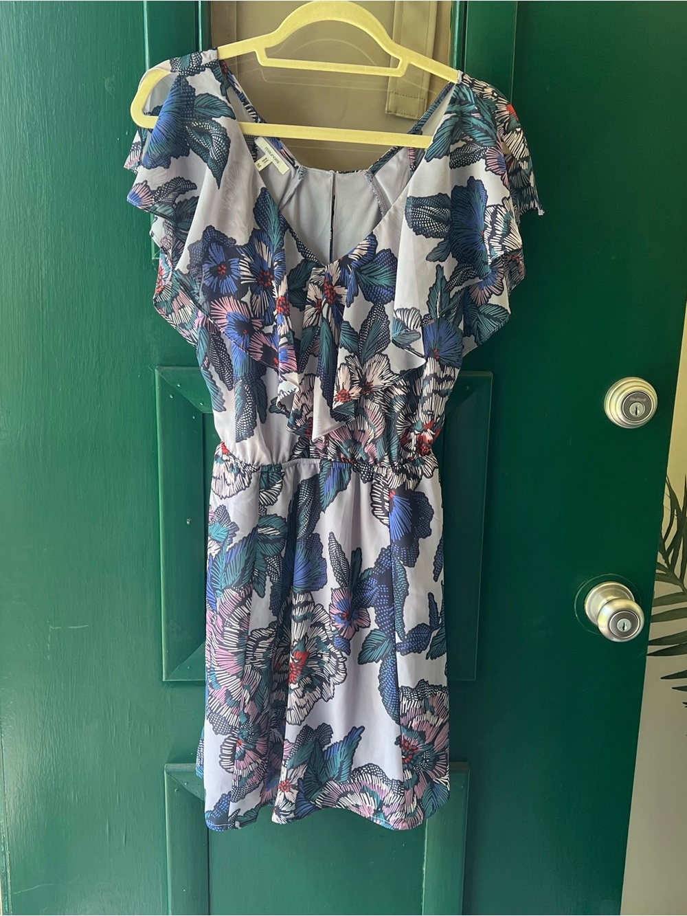 Maurices Light Gray Floral Ruffle Mini Dress with Blue and Purple Accents